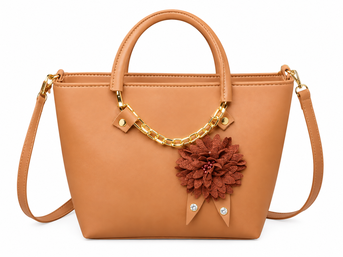 Elegant Brown Women’s Tote Handbag with Flower Detail