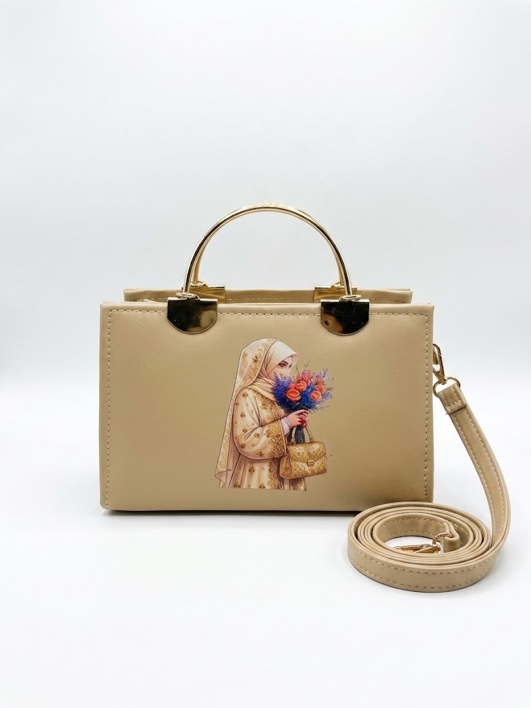 Elegant Floral Hijabi Girl Printed Handbag with Gold Metallic Handles .