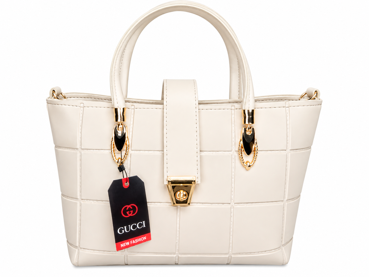 Elegant White Tote Handbag with Gold-Tone Details for Women